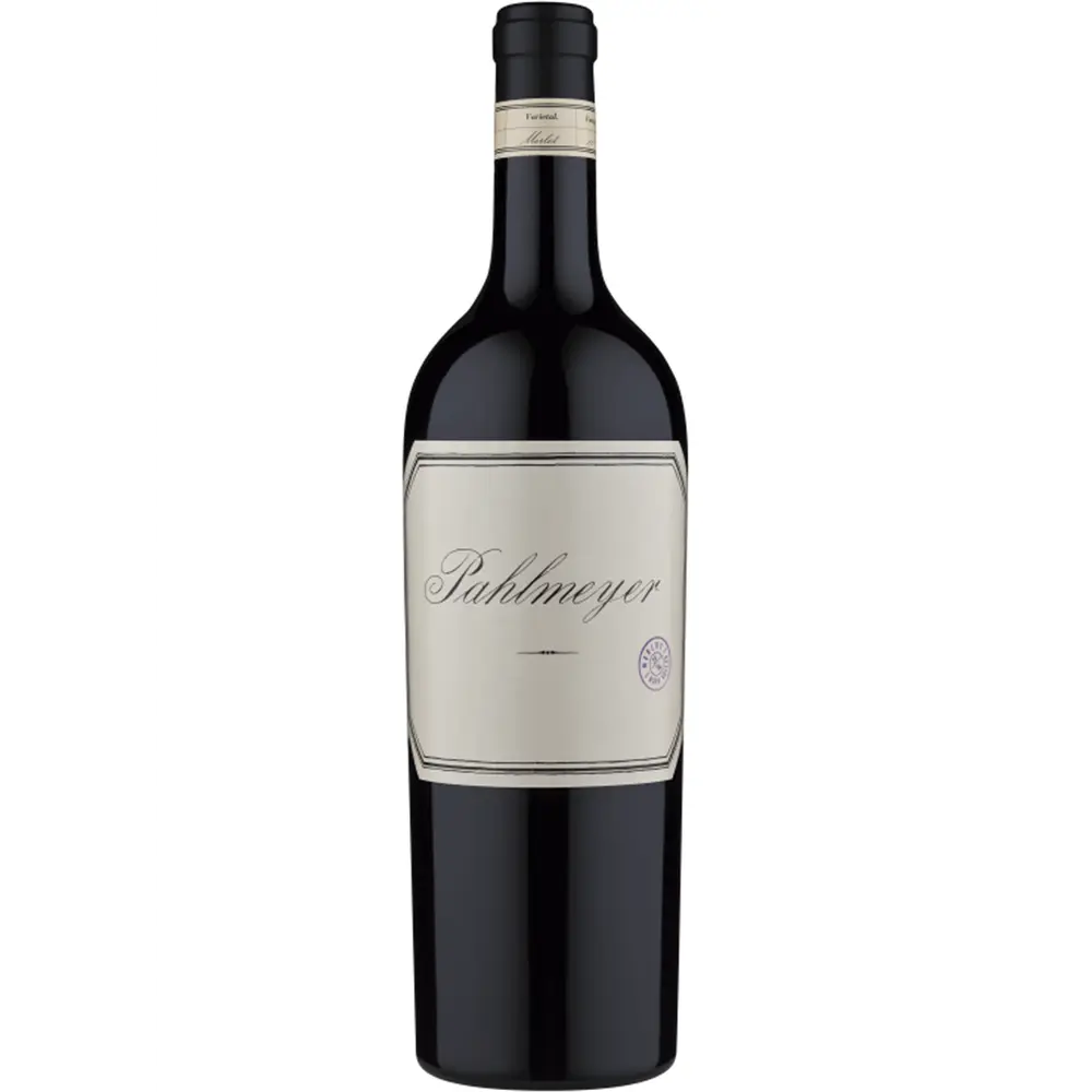A bottle of Pahlmeyer Merlot Napa Valley wine with a white label on a dark background.