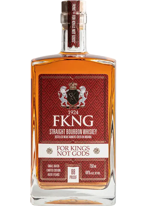 Bottle of FKNG Straight Bourbon Whiskey with a red label on a white background