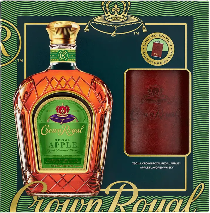 Crown Royal Regal Apple whisky bottle with packaging on a green background