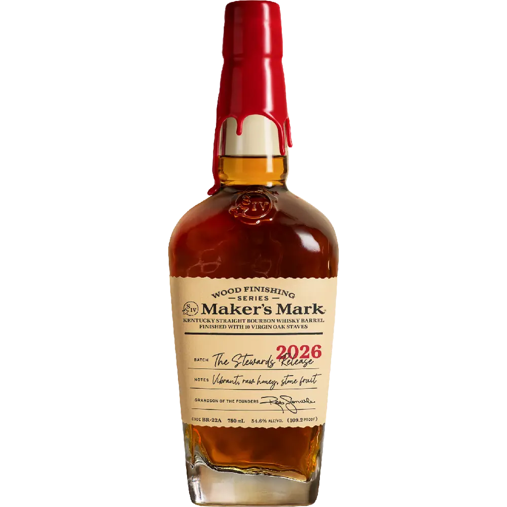 A bottle of Maker's Mark 2026 bourbon whiskey on a plain white background. The bottle is filled with amber liquor, featuring a cream-colored label with red and black text, a red wax-sealed neck, and a silver screw cap.