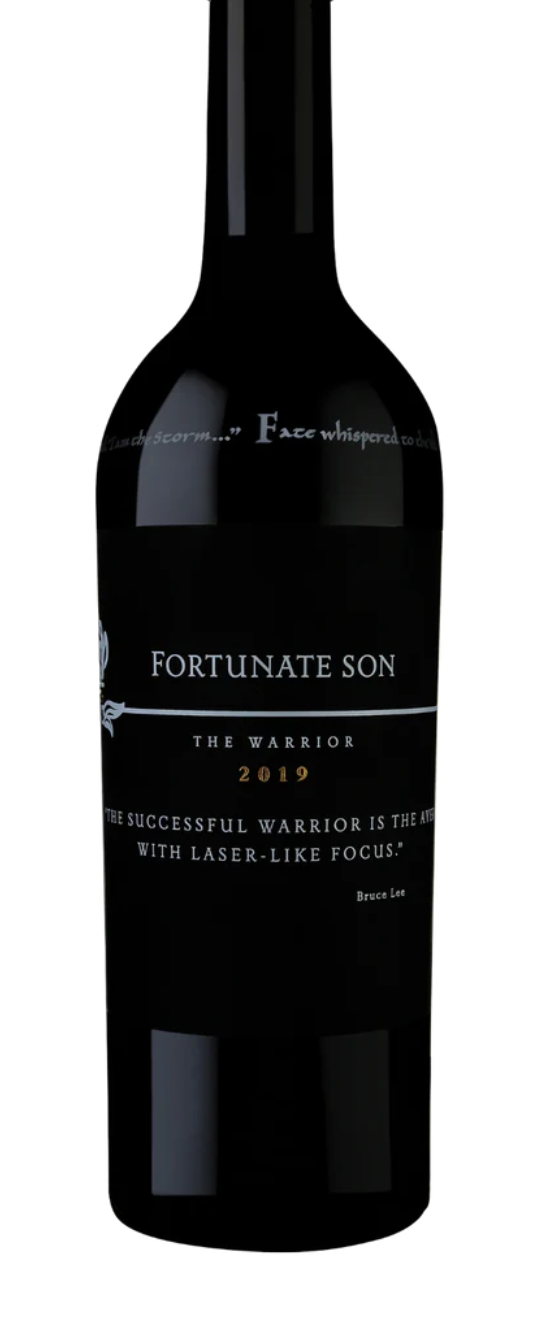 Wine bottle labeled 'Fortunate Son' on a white background