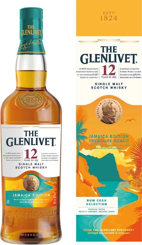 The Glenlivet 12-year-old single malt Scotch whisky bottle with packaging on a white background