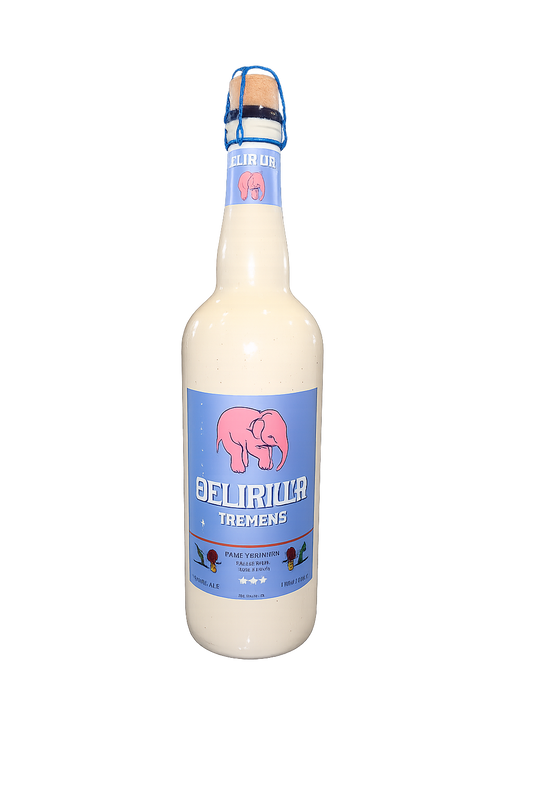 A bottle of Delirilla Tremens alcoholic beverage with a light blue label featuring a pink elephant logo, filled with a creamy off-white liquid, and sealed with a blue and beige foil cap, set against a plain white background.