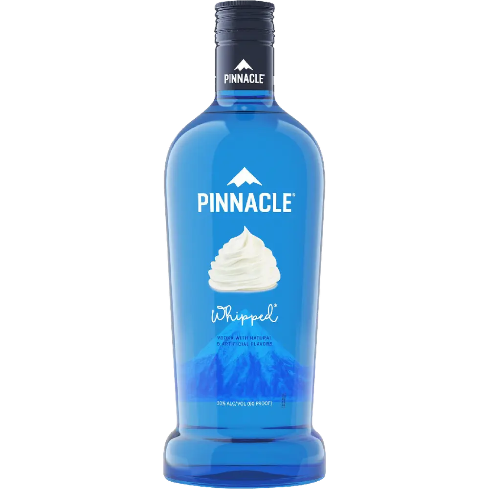 A bottle of Pinnacle Whipped non-alcoholic mint lemonade mixer, featuring a vibrant blue bottle with a white whipped cream graphic and a black cap, set against a plain white background.