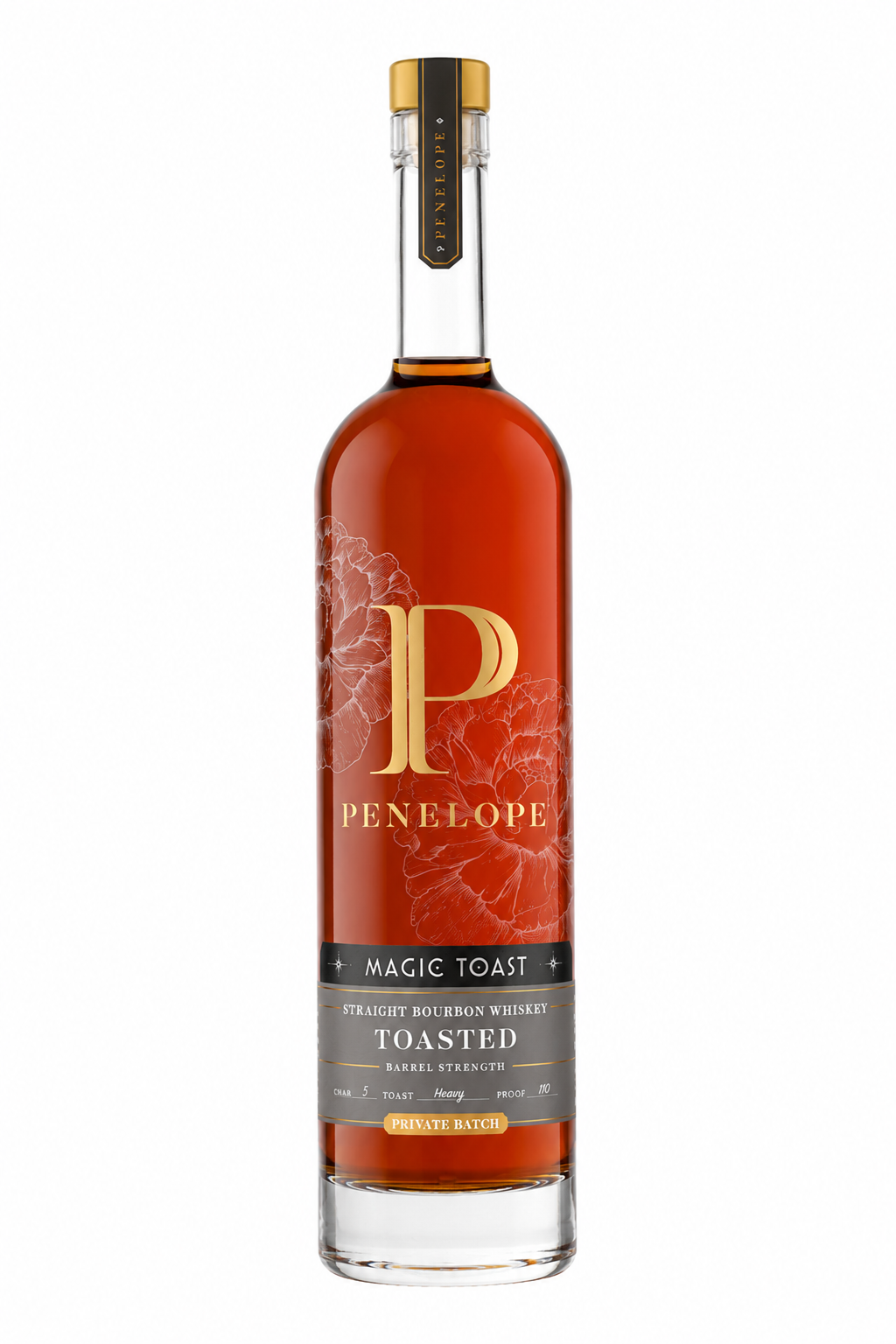 A bottle of Penelope Magic Toast Toasted Straight Bourbon Whiskey on a solid white background. The bottle is filled with amber-colored whiskey and features a prominent red label with gold and black text and graphics.