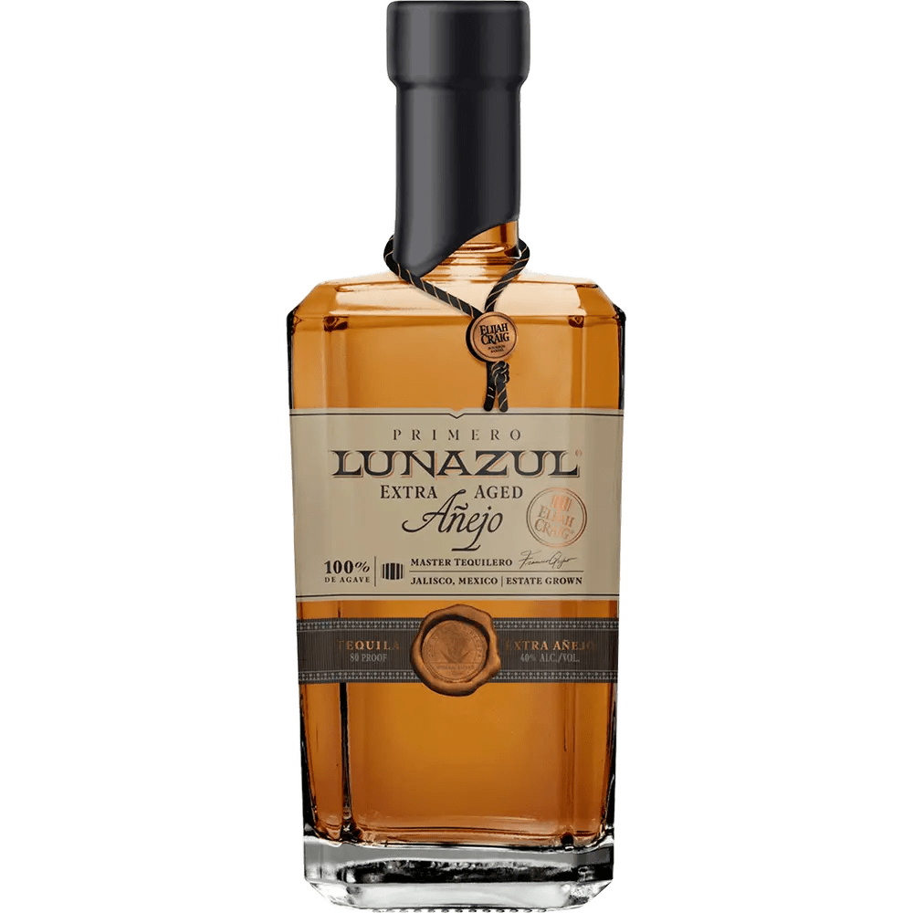 A bottle of Lunazul Tequila Extra Año with a label that includes the brand name and '100% Agave'. The bottle has a black cap and the liquid inside appears to be a amber color, consistent with tequila.