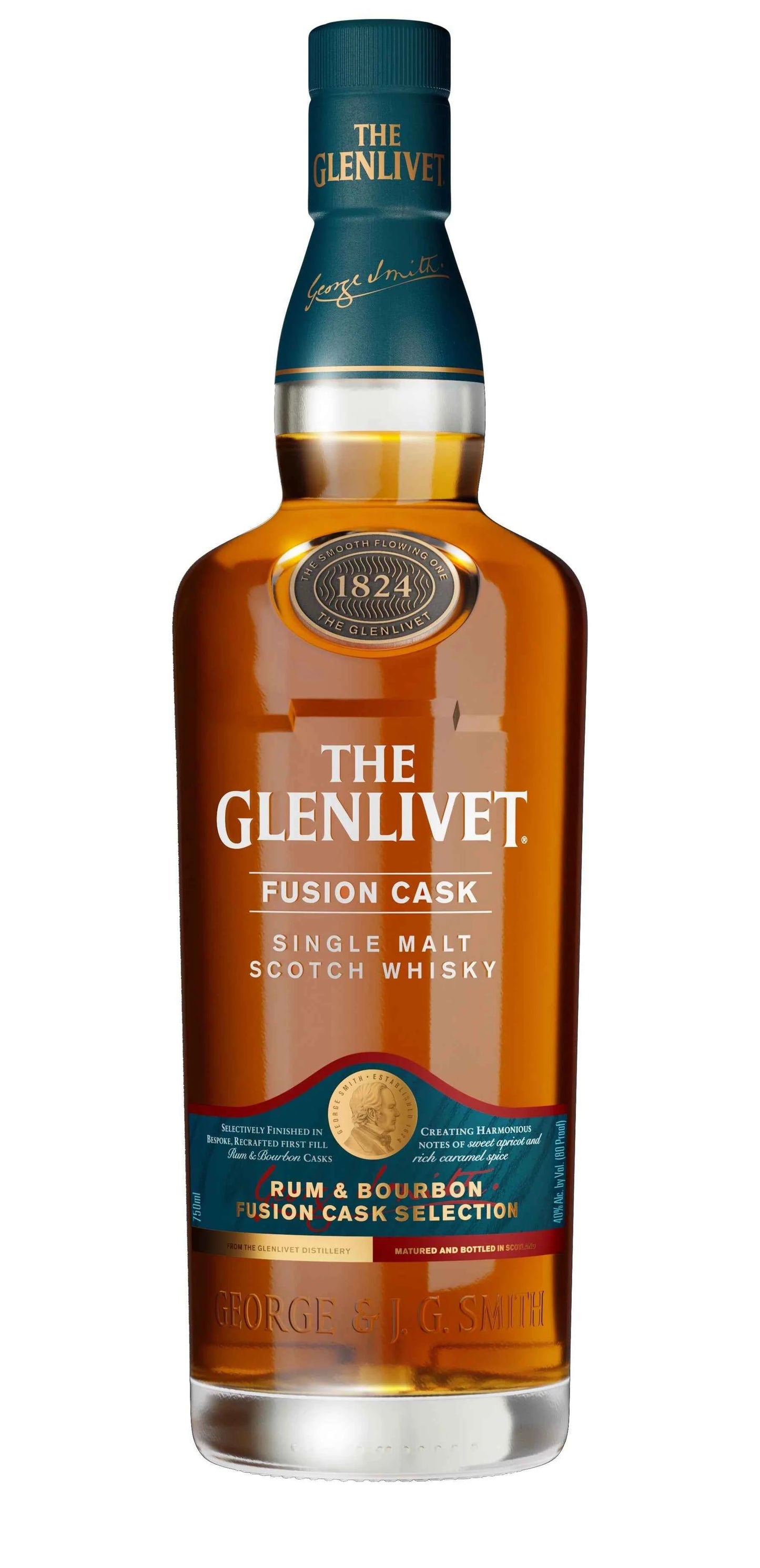 Bottle of The Glenlivet Fusion Cask whisky on a white background