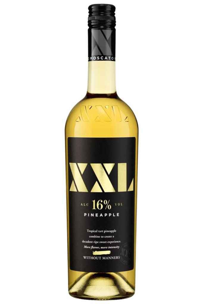 Bottle of XXL pineapple wine with a black label on a white background