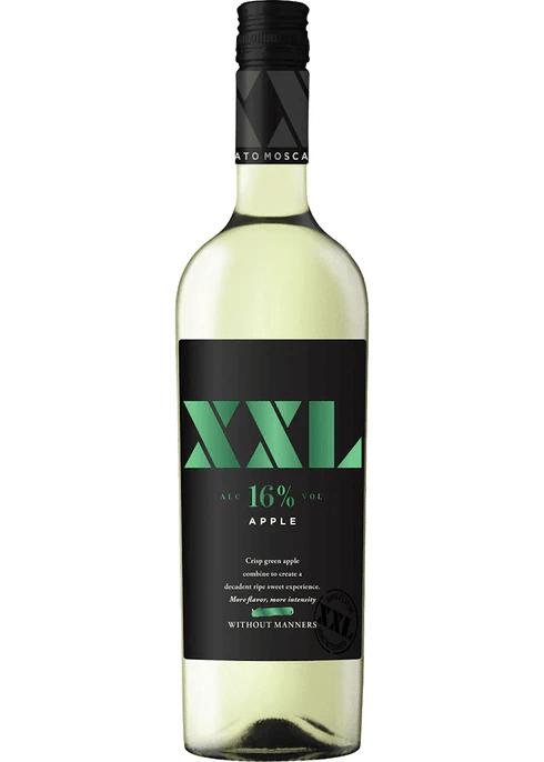 This image features a sleek bottle of "XXL Apple" wine, branded by Wine Palace. The bottle is tinted a gentle yellow with a contrasting black label that prominently displays the product name and alcohol content of 16%.