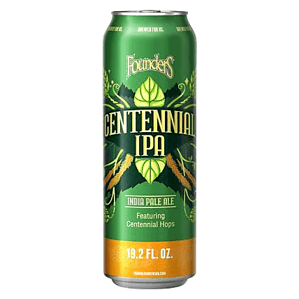 Green can of Founders Centennial IPA with branding and product details on a white background