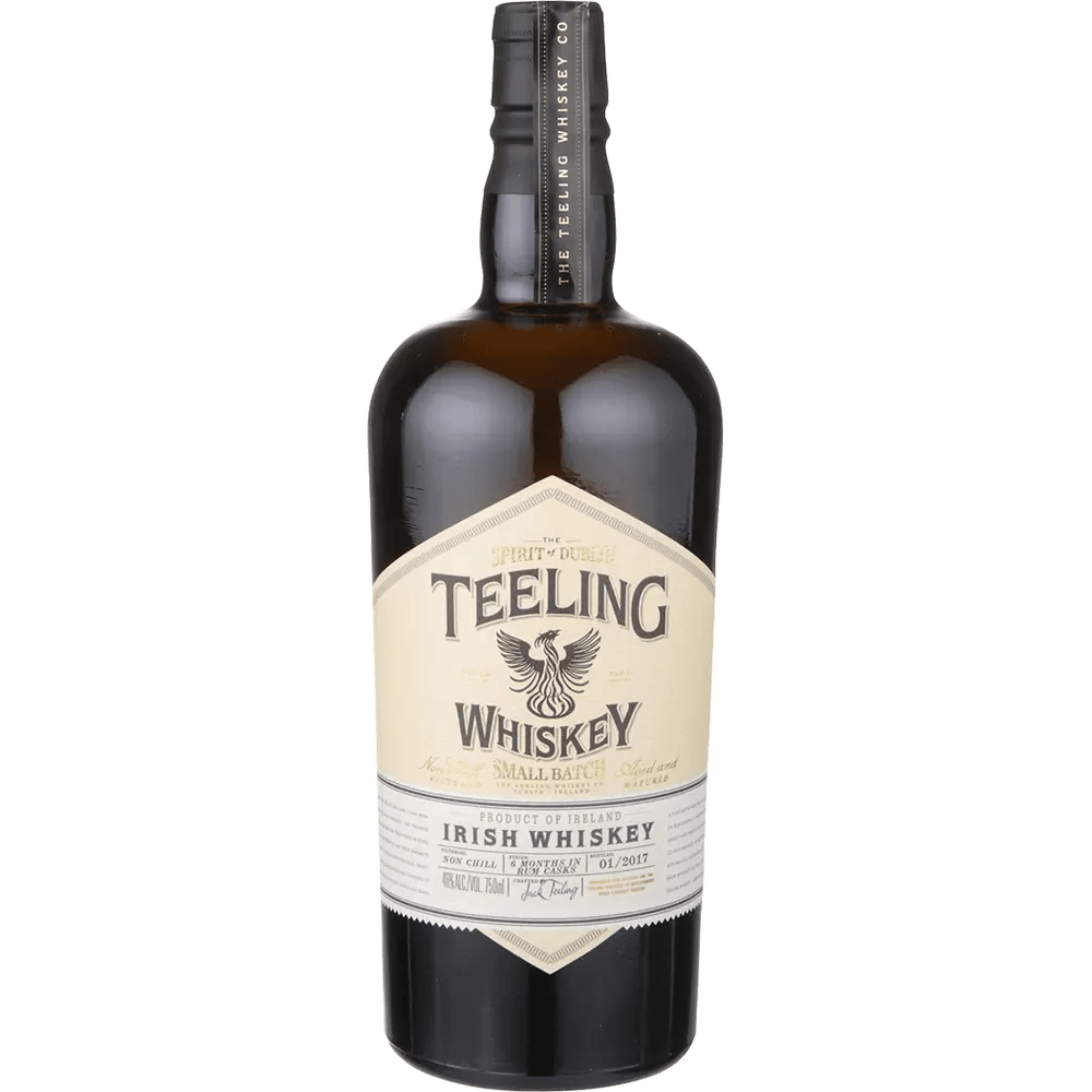 A bottle of Teeling Small Batch Irish Whiskey with a label that includes the brand name and the word 'Irish Whiskey' along with an image of a pot still.
