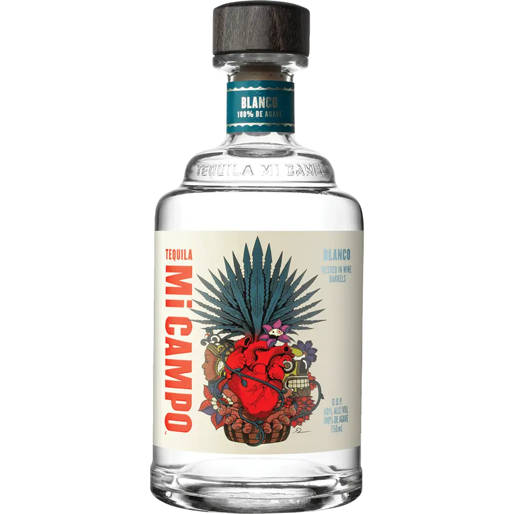 Mi Campo tequila bottle with a colorful label on a white background