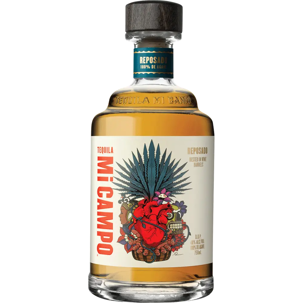 Tequila Mi Campo bottle with colorful label on a white background
