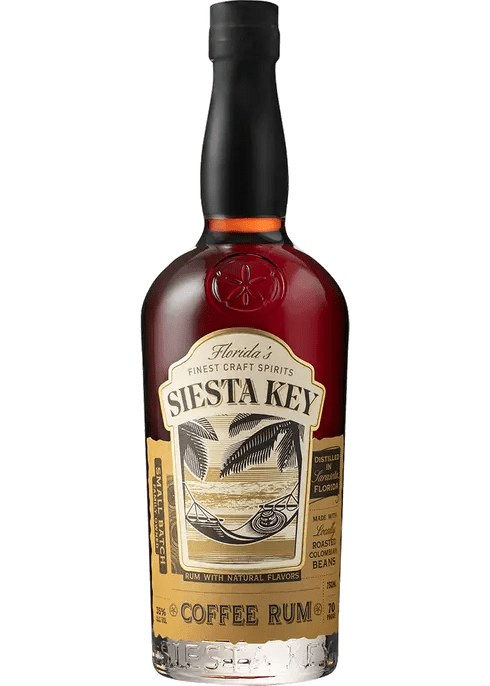 A bottle of Siesta Key Coffee Rum with a label that has a fish graphic and text.