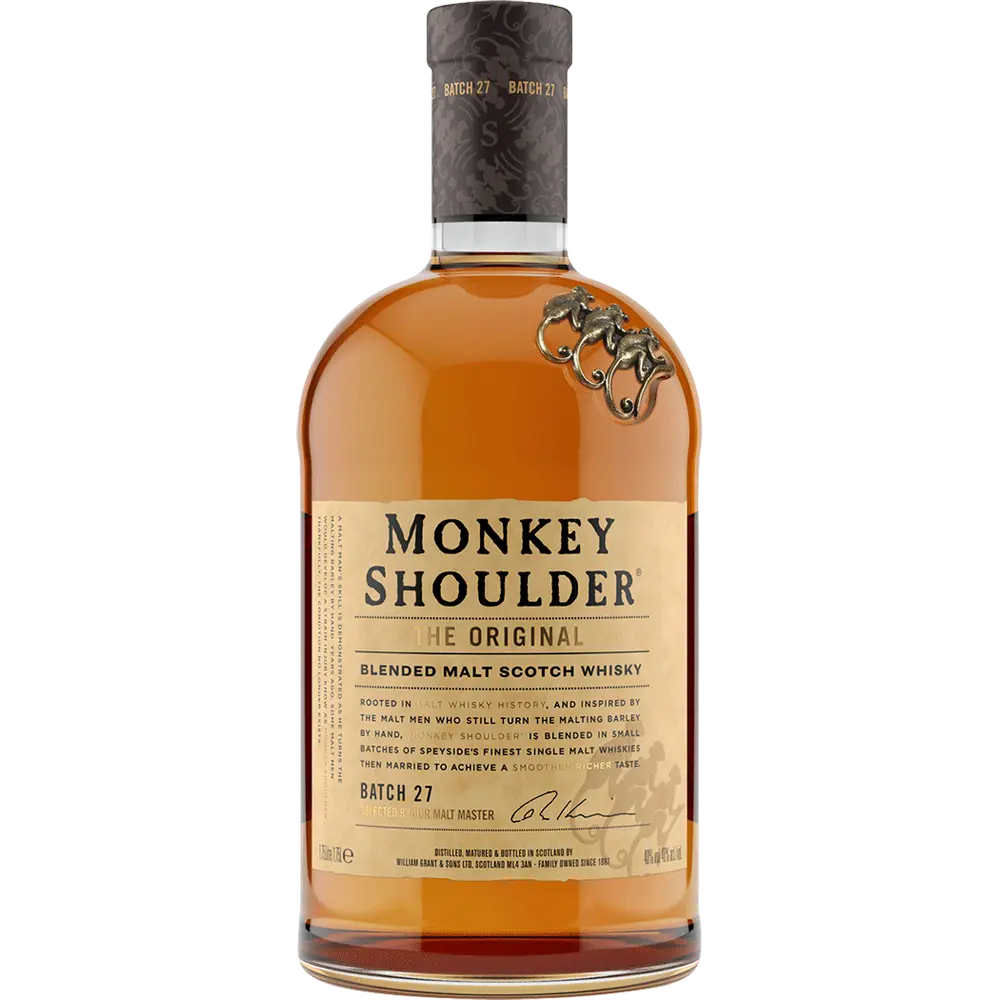 Bottle of Monkey Shoulder blended malt Scotch whisky on a white background