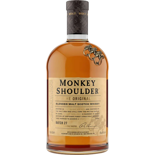 Bottle of Monkey Shoulder blended malt Scotch whisky on a white background