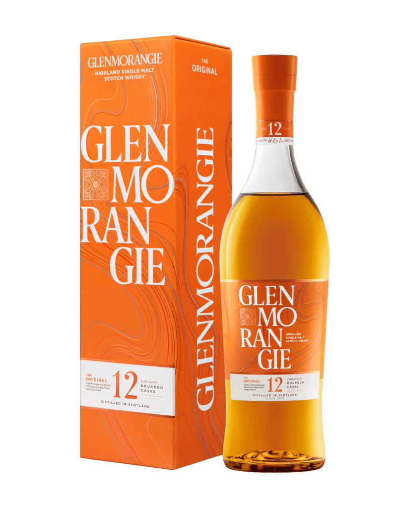 A bottle of Glenmorangie The Original 12 Year Single Malt Scotch Whisky next to its orange packaging box.