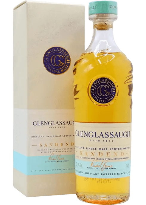 Glenglassaugh Sandend Single Malt Scotch Whisky, with the bottle in front of the packaging box. The packaging has the brand's logo and product details.