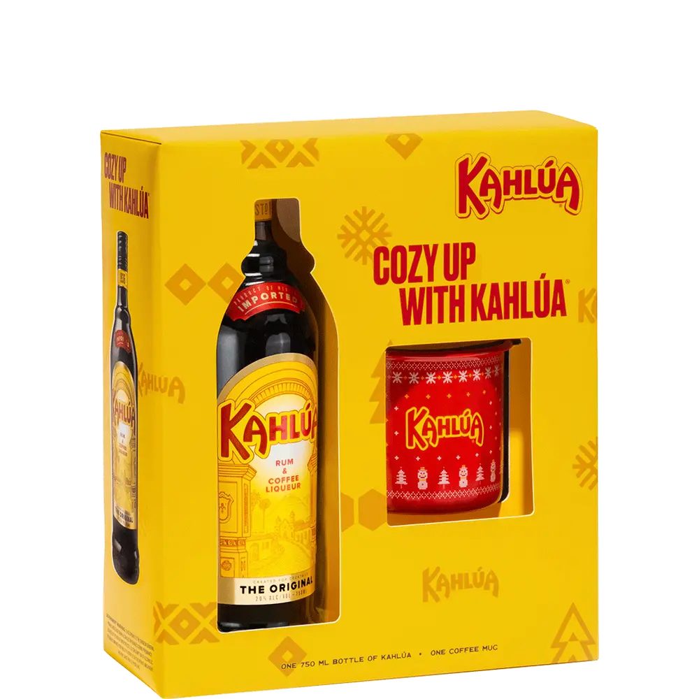 A Kahlua Cozy Up with Kahlua gift packaging featuring a bottle of Kahlua liqueur and a red coffee mug with Kahlua branding on it.
