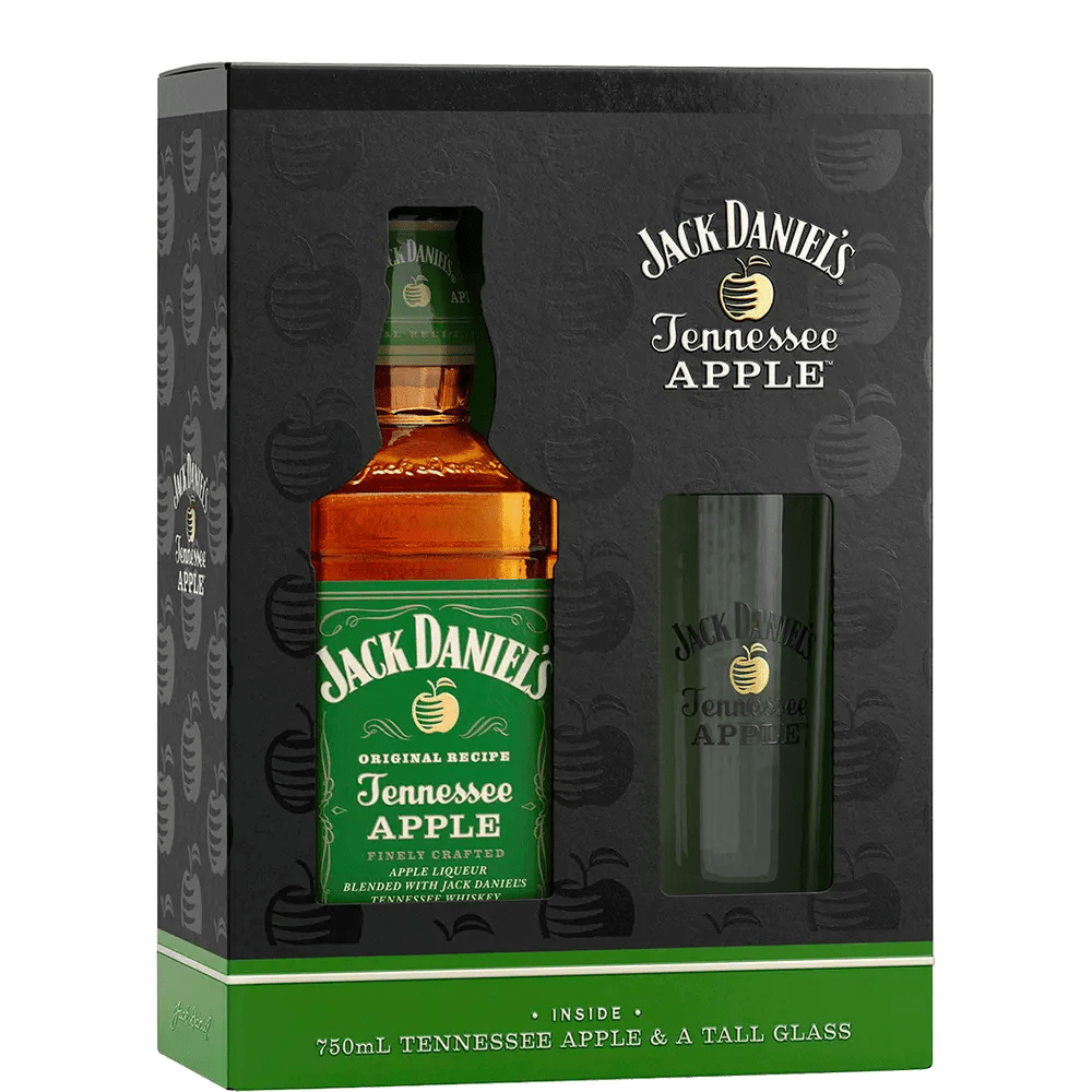 A Jack Daniel's Tennessee Honey Whiskey gift box featuring a bottle of whiskey, a green glass decanter, and a black background with Tennessee logos.