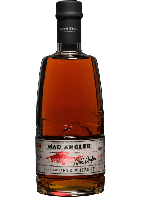 bottle of alcohol with fish lure Iron Fish Mad Angler Bottled in Bond Whiskey – Wine Palace