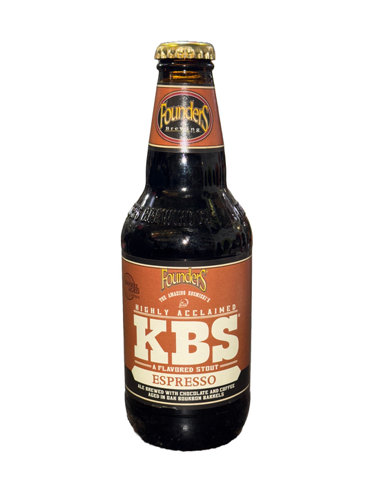 A bottle of Founders KBS Espresso beer with a dark brown label and a beige neck foil wrap on a white background.