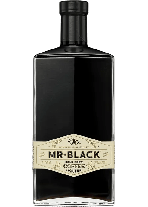 A bottle of Mr. Black Cold Brew Coffee Liqueur with a black cap and label featuring the product name and brand.