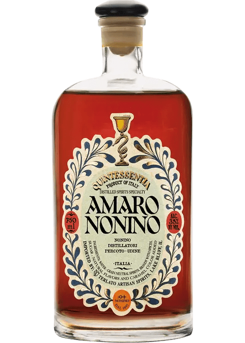 A bottle of Amaro Nonino Italian Liqueur with a decorative label.