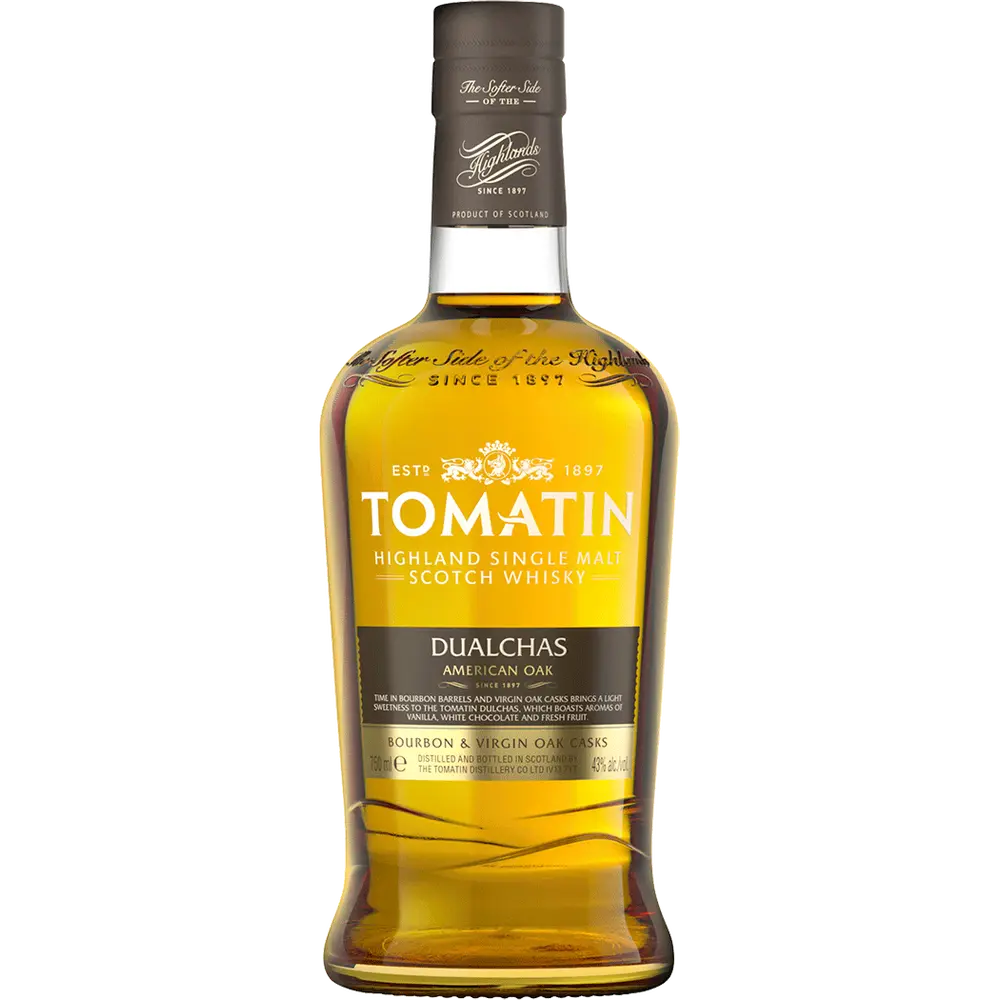 Tomatin Highland Single Malt Scotch Whisky bottle on a white background