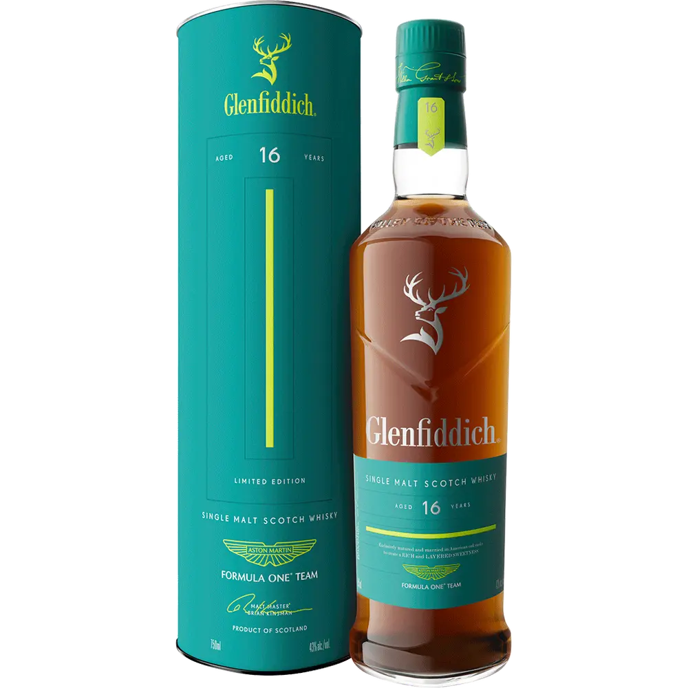 Glenfiddich 16-year-old whisky bottle and packaging on a white background