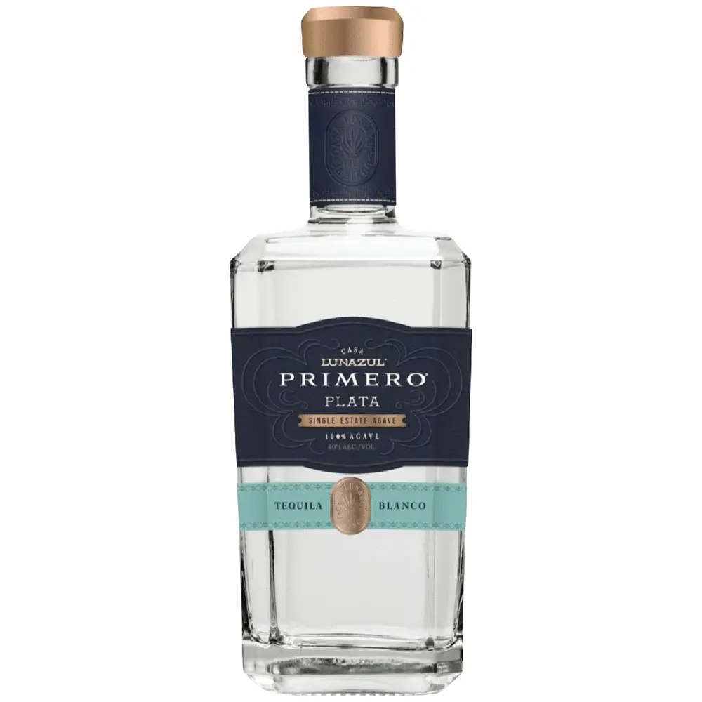 Tequila bottle with blue label on a white background