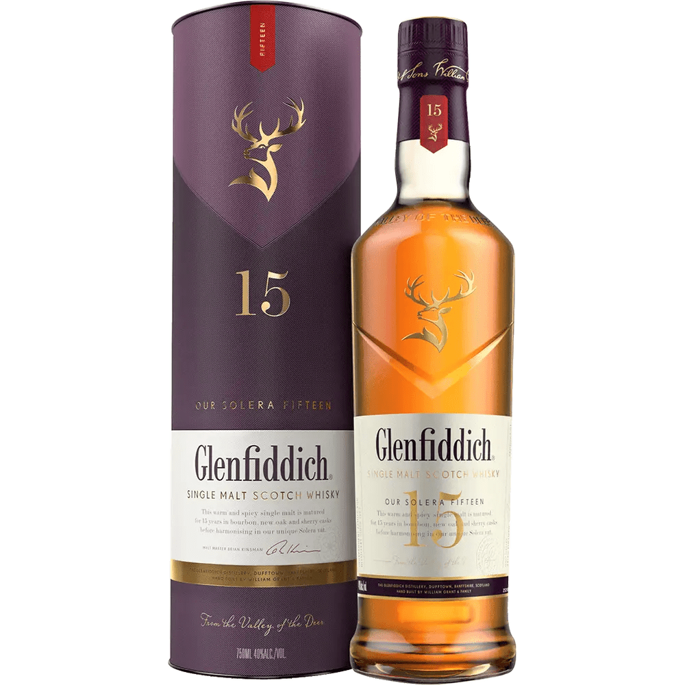 Glenfiddich 15 Year Old Solera Reserve Single Malt Scotch Whisky, showing the bottle and the packaging with branding and product information.