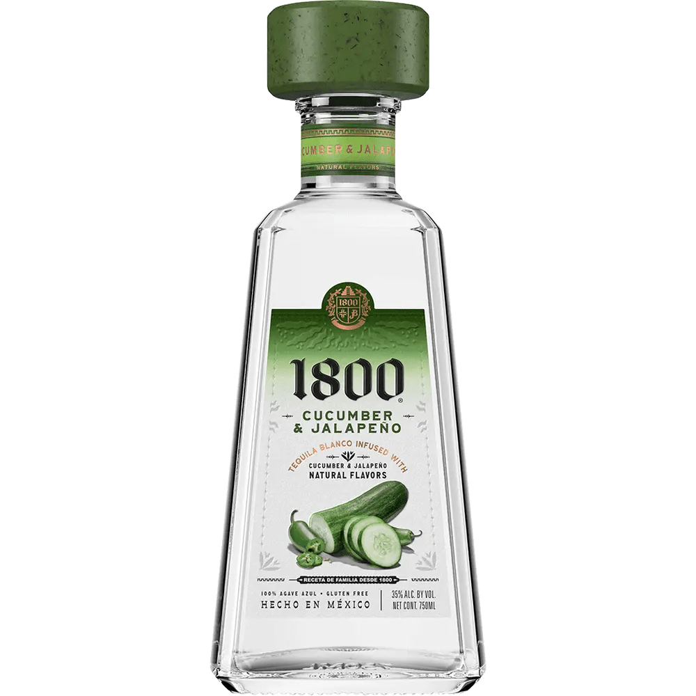 A bottle of 1800 Cucumber Jalapeno tequila with a green cap on a white background.