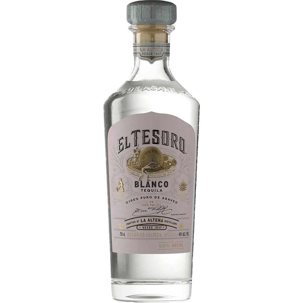 A bottle of El Tesoro Blanco Tequila with a beige cap and a label featuring the brand name and '100% Agave Highland'. The bottle is tinted with a grey background.
