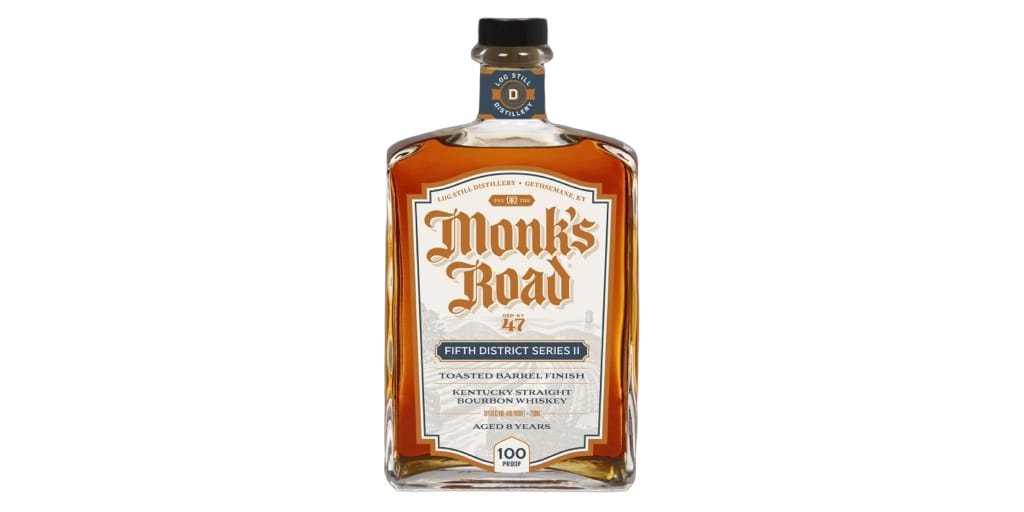Bottle of Monk's Road whiskey on a white background
