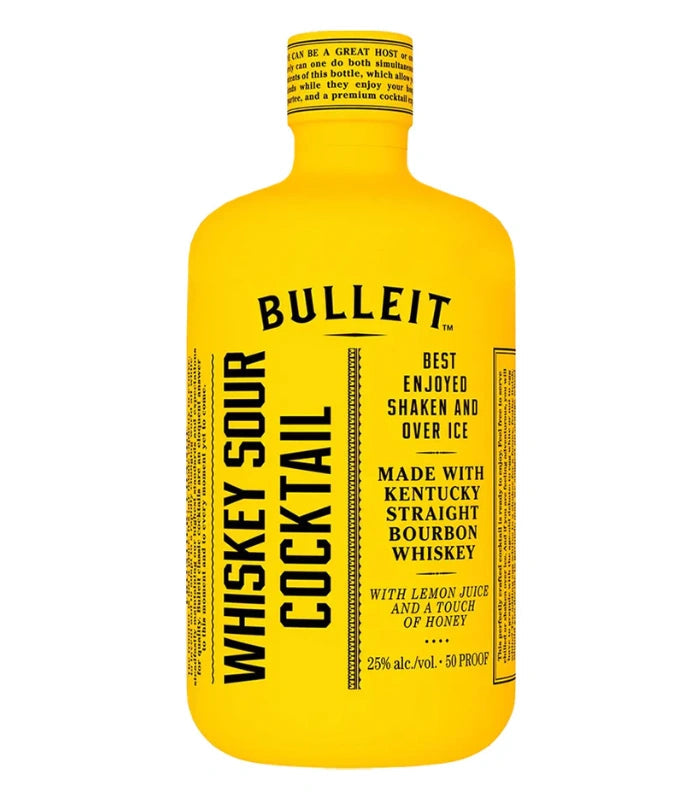 Yellow bottle of Bulleit Whiskey Sour Cocktail on a white background