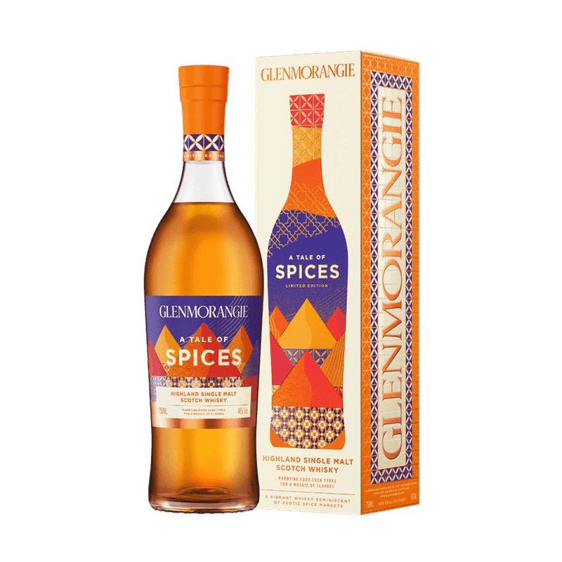 Glenmorangie A Tale of Spices whisky bottle and packaging on a green background