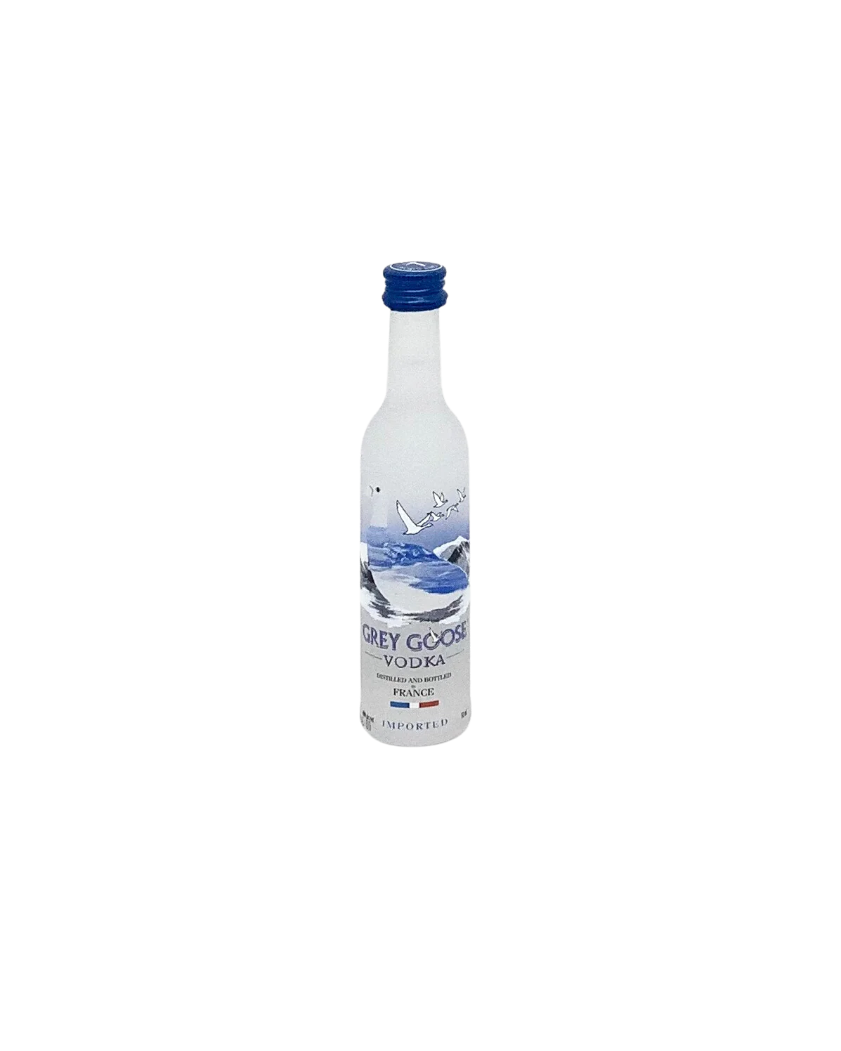 Small bottle of vodka with a blue cap on a white background