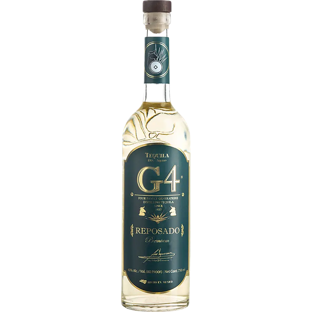 Bottle of G4 Reposado tequila on a white background