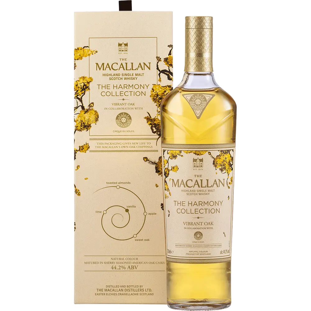 Macallan whisky bottle and box with 'The Harmony Collection' label on a white background
