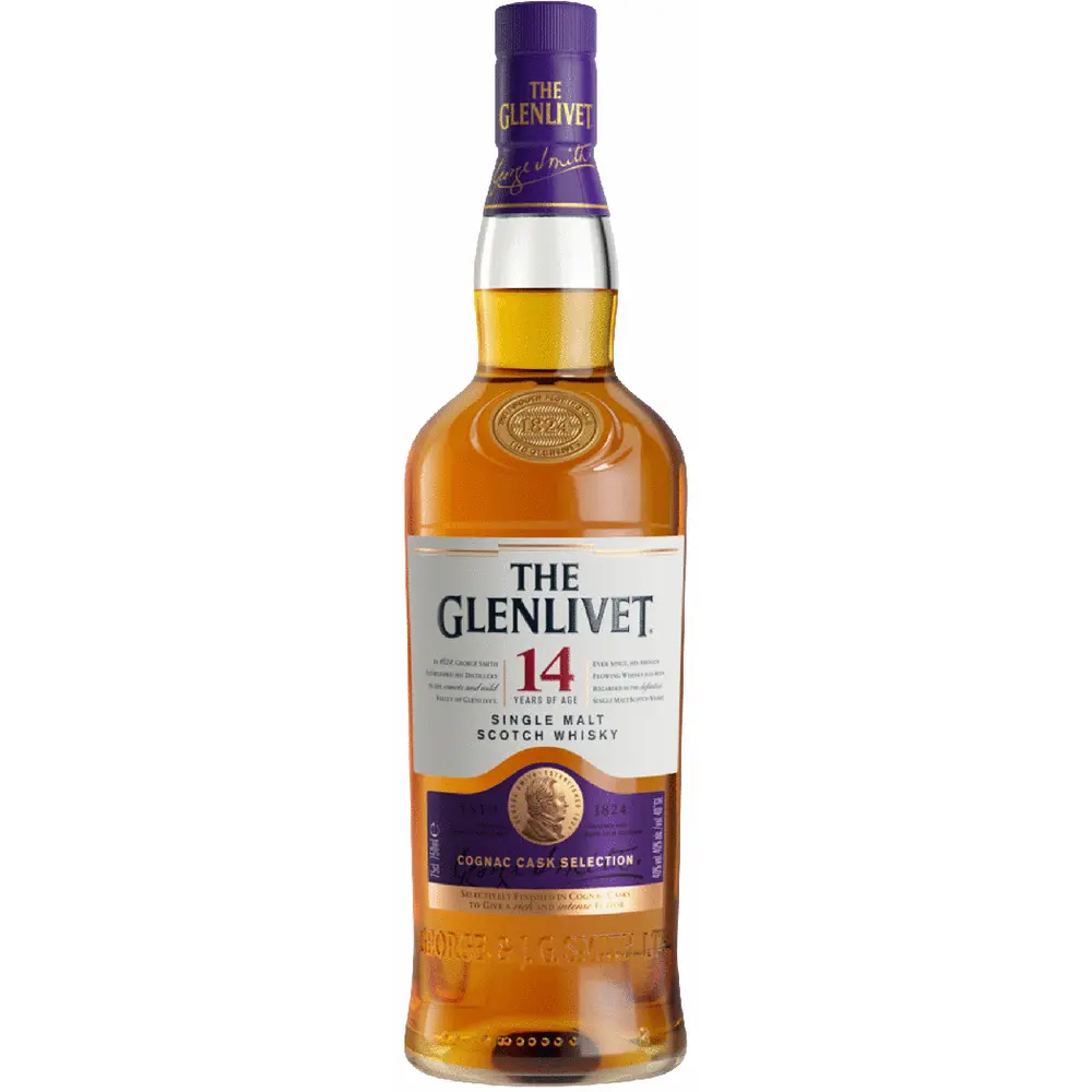 The Glenlivet 14-year-old single malt Scotch whisky bottle on a white background