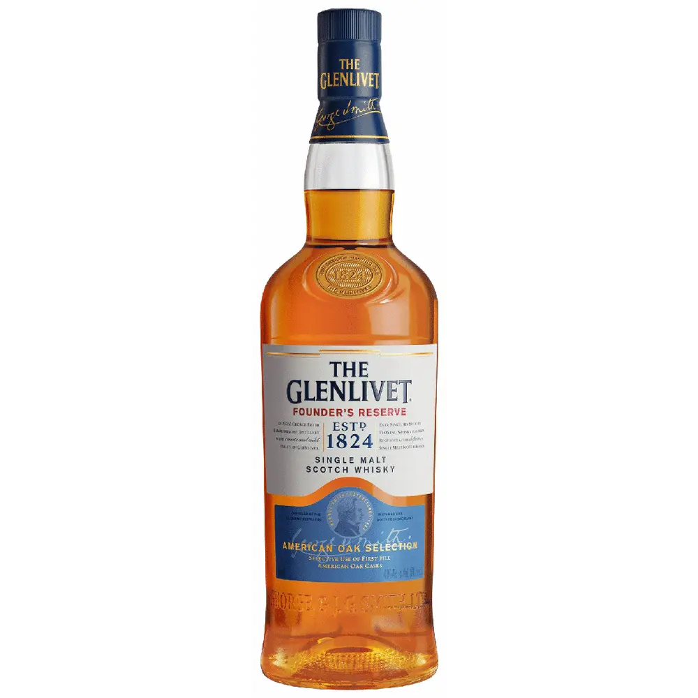 Bottle of The Glenlivet Founder's Reserve whisky on a white background