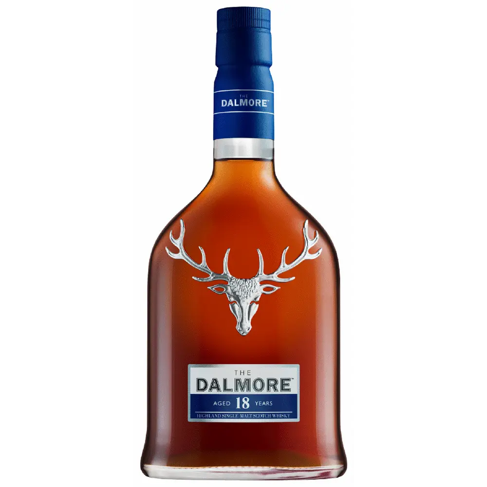 Dalmore whisky bottle with blue cap and deer logo on a white background