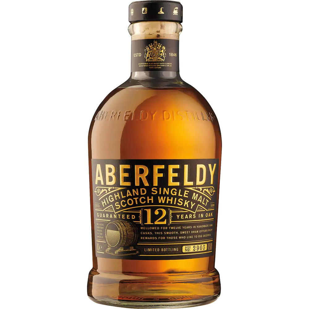 Aberfeldy 12-year-old Highland Single Malt Scotch Whisky bottle on a white background