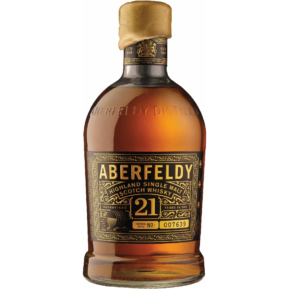 Aberfeldy 21-year-old whisky bottle on a white background