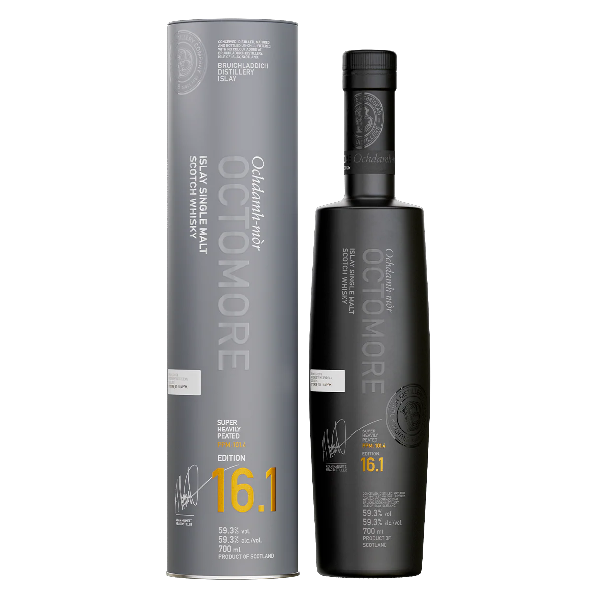 Octomore whisky bottle and packaging on a white background