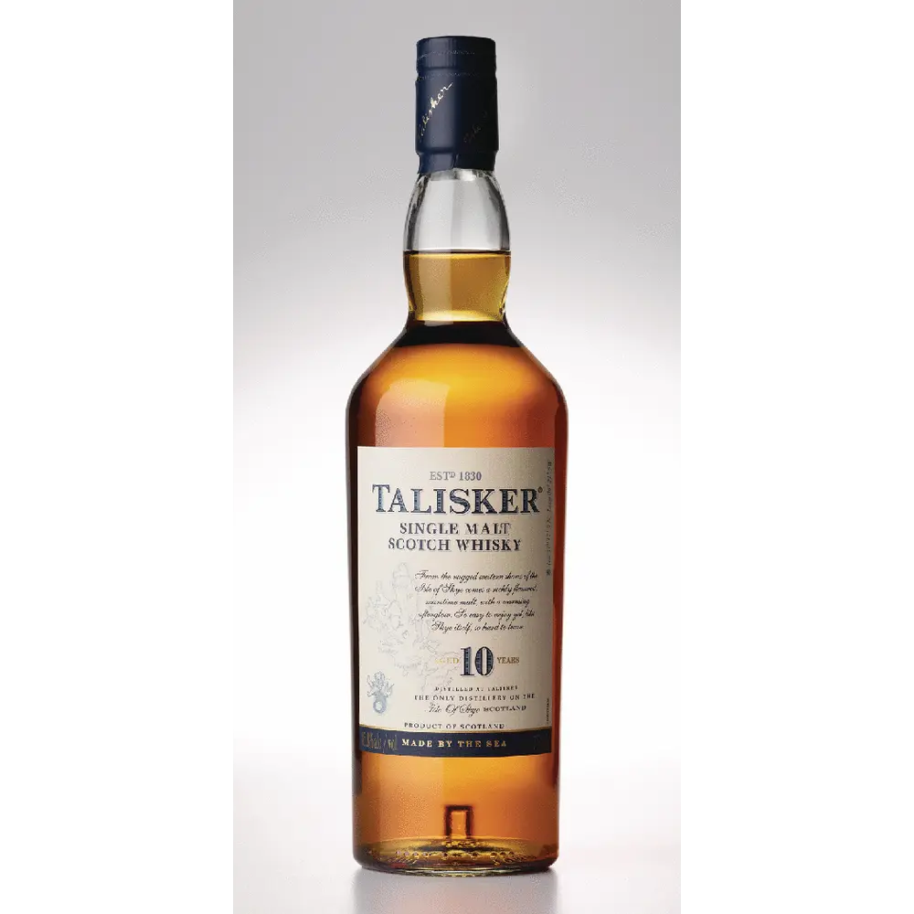 Talisker single malt Scotch whisky bottle on a white background