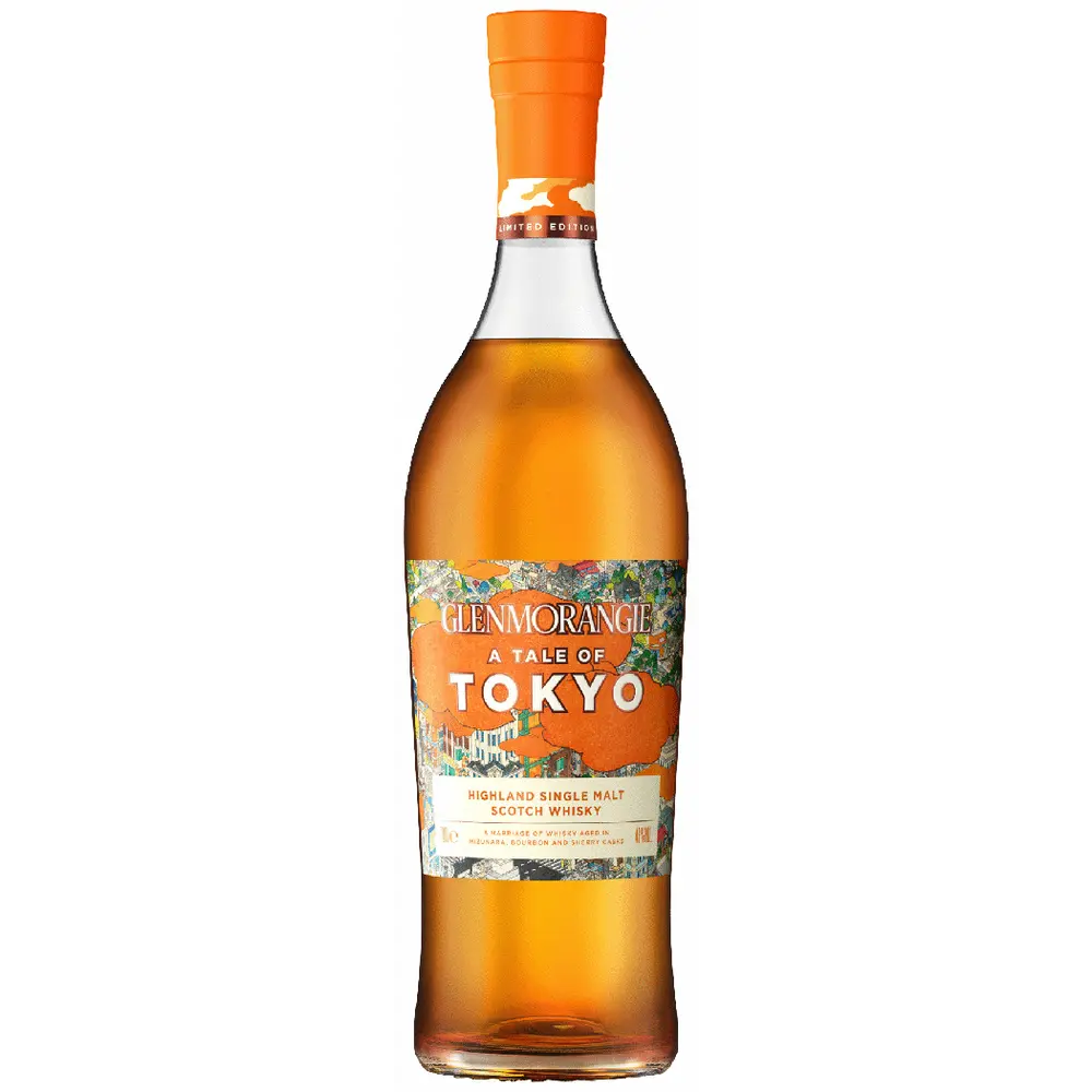 Bottle of Glenmorangie whisky with 'A Tale of Tokyo' label on a white background