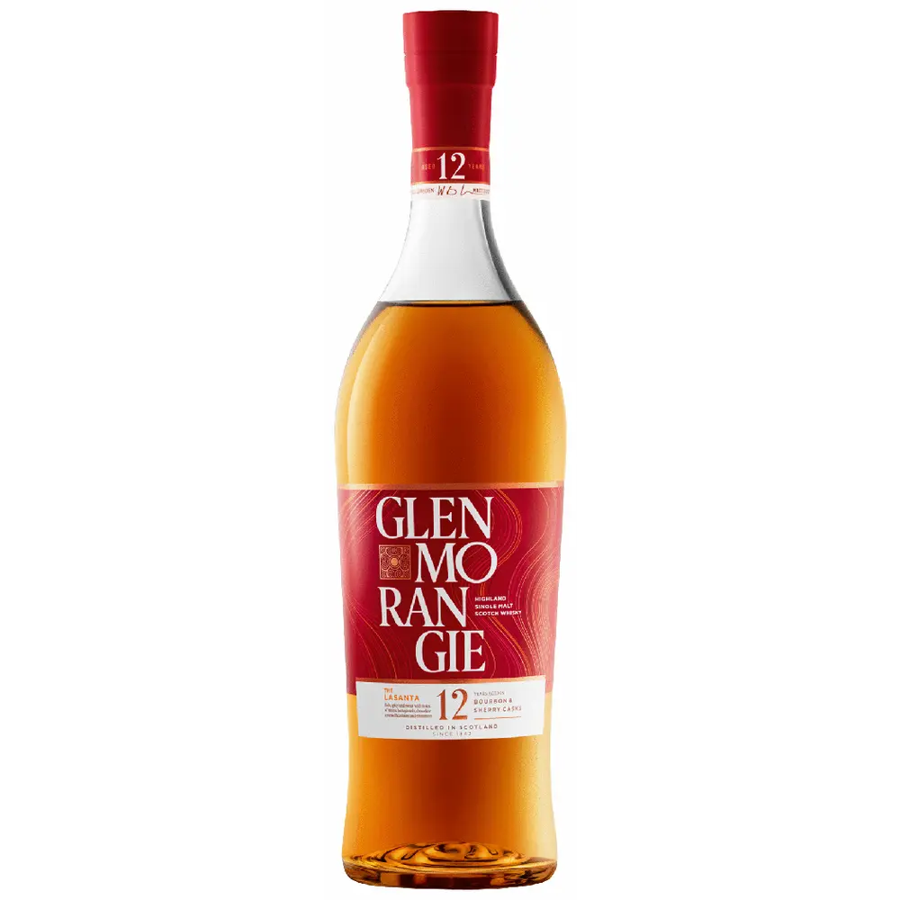 Glen Morangie whisky bottle with red label on a white background