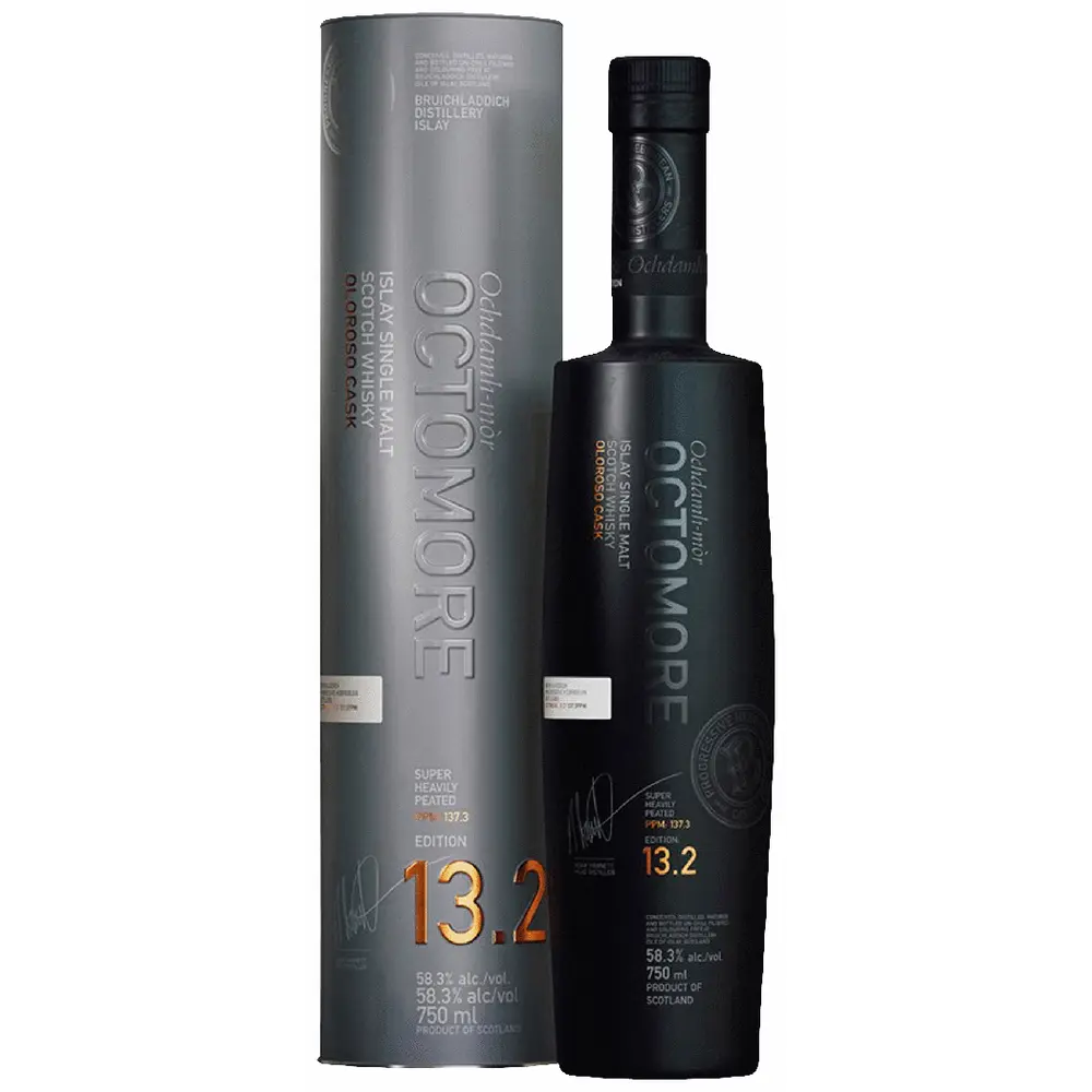 Octomore bottle and packaging on a white background